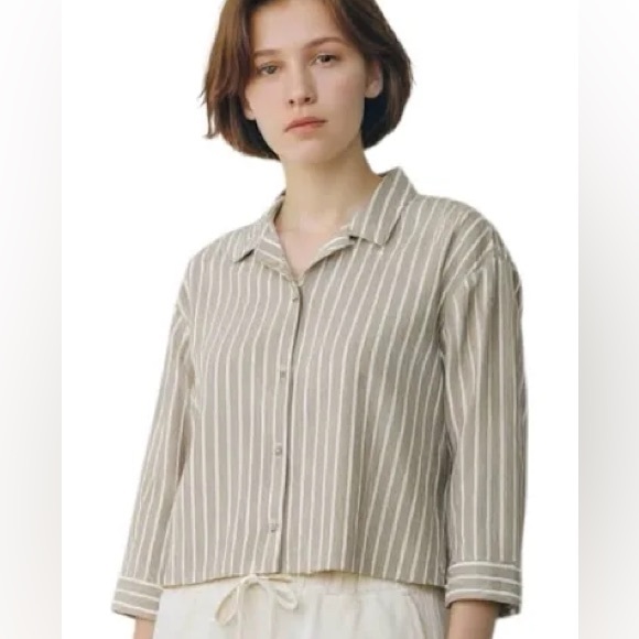 Everlane Woven Cotton Striped PJ Stripe Top Brown/White S NWT - Picture 3 of 10